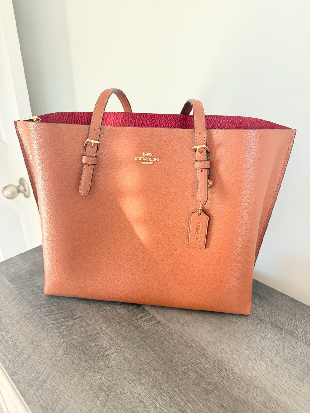 Coach Pebble Leather Tote in Saddle with Raspberry Lining